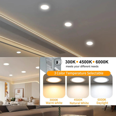 Ceiling view of 12 Pack 8 Inch LED Recessed Downlights with Junction Box Ultra Thin Design, Dimmable Canless Fixture, 3 color settings.