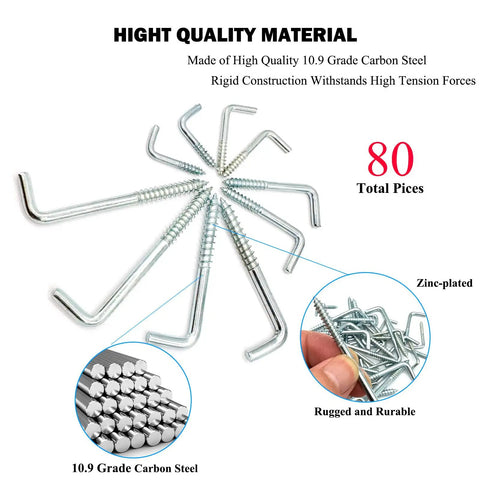 80 Piece All In One Hanging Kit With Five Sizes Spiral In Square Bend Hooks And L Brackets Zinc Plated Carbon Steel With Self Tapping Screws For Lights Planters And Mugs Perfect For Home Or Shop Use