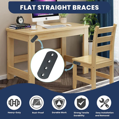 Badass Strength Black Stainless Steel Mending Plates 4 Pack Flat Furniture Brackets For Wood Repair Rock Solid Rust Proof Connectors 100X38Mm on a wooden desk with a chair.