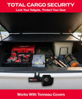 Heavy Duty Manual Tailgate Lock For Chevy Silverado And Gmc Sierra 1999 To 2007 secured interior of truck bed with tools and gear