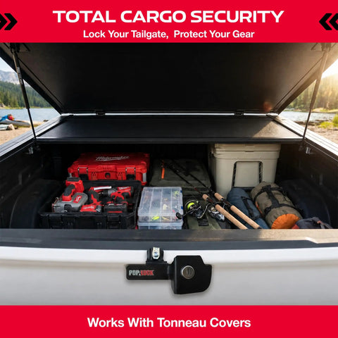 Heavy Duty Manual Tailgate Lock For Chevy Silverado And Gmc Sierra 1999 To 2007 secured interior of truck bed with tools and gear