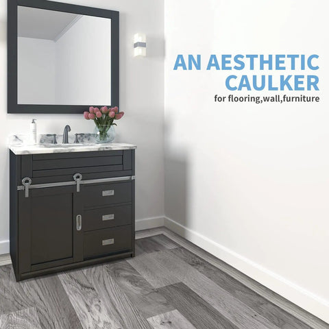 Bathroom with dark vanity, mirror, and gray flooring near Peel And Stick Self Adhesive Vinyl Strip For Floor Gaps And Carpet Thresholds 10 Feet Long 1.57 Inches Wide Gray Durable PVC Transition Strip Scratches Dirt Resistant Easy To Clean.
