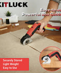 Hand using Kitluck Cordless Electric Scissors With Rechargeable Battery And Replacement Blade on burlap fabric.