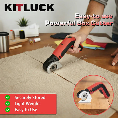 Hand using Kitluck Cordless Electric Scissors With Rechargeable Battery And Replacement Blade on burlap fabric.