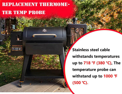 Outdoor pellet grill setup with probe thermometer, showcasing Two Pack Temp Meat Probe Replacements For Pellet Grills And Smokers.