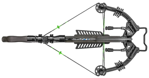 Top view of Lethal 405 FPS Crossbow With Beast Mode Pro Package showing scope and string suppressors