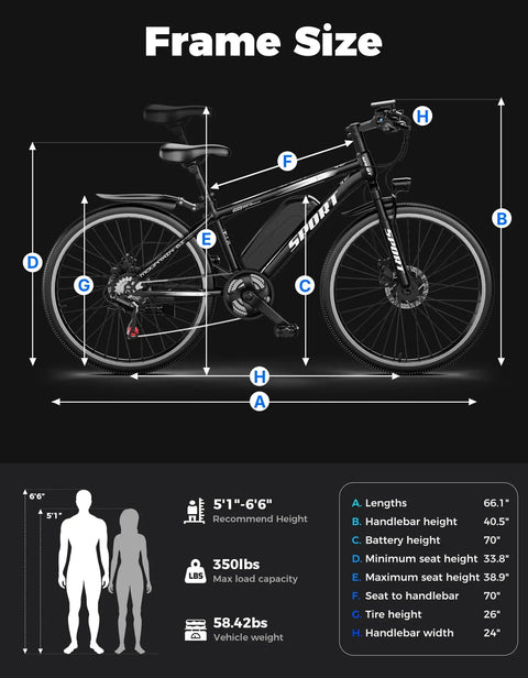 Powerful 1500W Peak Mountain Electric Bike With 26 Inch All Terrain Wheels frame size and dimensions guide for adults