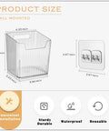 Four Pack Clear Wall Mount Organizers With Super Strong Adhesive Perfect For Kitchen Cabinets And Pantries Food Grade Storage Bins dimensions with hooks shown.