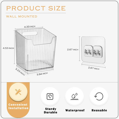 Four Pack Clear Wall Mount Organizers With Super Strong Adhesive Perfect For Kitchen Cabinets And Pantries Food Grade Storage Bins dimensions with hooks shown.