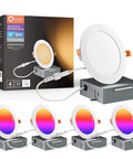 4 Pack 6 Inch Ultra Thin Smart WiFi Recessed Canless Downlights RGBWW Color Changing With 2700K To 6500K Brightness Adjustable 16 Million Colors Junction Box Included Works With Alexa And Google Assistant displayed in package and various color settings