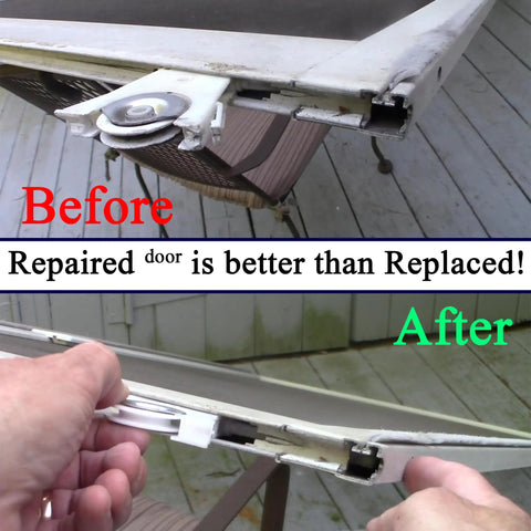 No Fuss Heavy Duty Lower Sliding Screen Door Roller Assembly With 1-1/4 Inch Nylon Concave Wheels for patio door repair before and after.