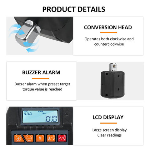 Pro Grade Digital Torque Wrench With Backlit Display And Half Inch Drive Includes Three Eighths Inch And Quarter Inch Adapters Sound And Light Alarm High Accuracy Real Time Ft Lb And Nm Readouts Four Torque Units For Automotive And Industrial Use, LCD display