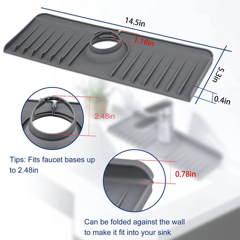 Gray silicone sink splash guard and silicone faucet mat for kitchen and bathroom water absorbent drip catcher, easy drainage.