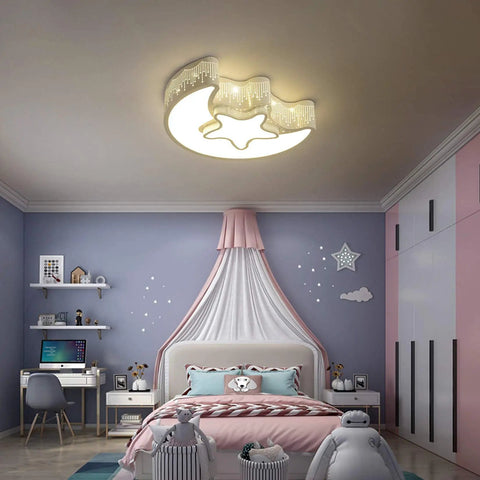 Close To Ceiling Kids Room Light Fixture With Moon And Star Shape Modern Metal Ceiling Chandelier In White 4000K Natural Glow