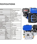 7HP Gas Engine Horizontal Shaft Replacement Motor, 212cc 4 Stroke OHV Industrial Grade with specifications chart, side view