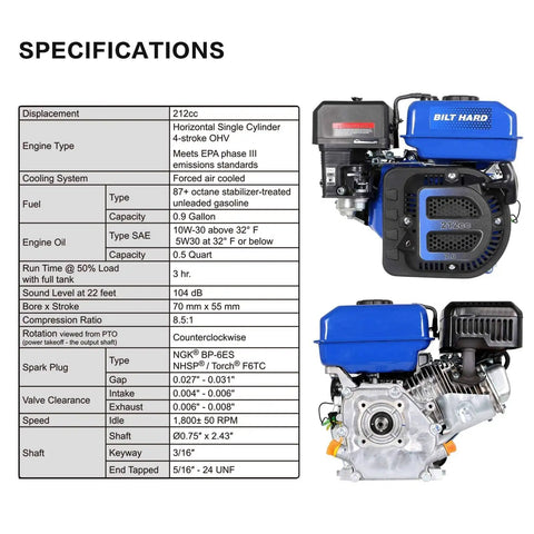 7HP Gas Engine Horizontal Shaft Replacement Motor, 212cc 4 Stroke OHV Industrial Grade with specifications chart, side view
