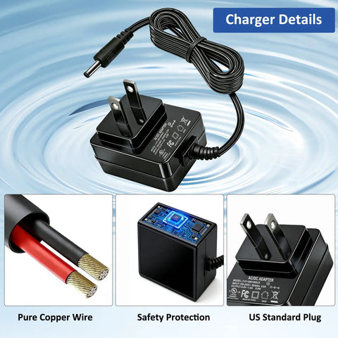 9V Power Adapter For 61 Key Digital Pianos And Electronic Keyboards, Works With RJ561 RJ661 RJ361 RJ5061 Series, shown with US plug, copper wire