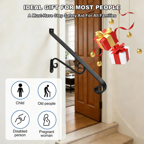 Heavy Duty Wall Mounted Outdoor Stair Handrails Sized Perfect For One To Two Steps sleek wrought art grab rail beside entry door.