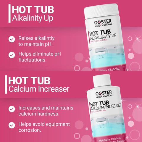 Hot Tub Water Balancing Kit With Fifty Test Strips Kickstarts Your Spa Game With pH Adjusters Alkalinity Boosters And Calcium Hardness Increaser, includes Alkalinity Up and Calcium Increaser bottles.