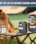Trail Ready 16 Piece Camping Cookware Set For Backpacking And Picnics with pots and cups on a table