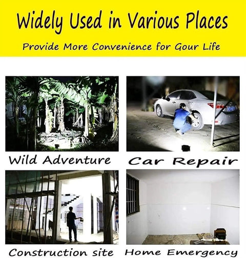 JUDYSSY Led Floodlight 500W 5000Lm Rechargeable Led Work Light used in various settings like wild adventures and car repair.