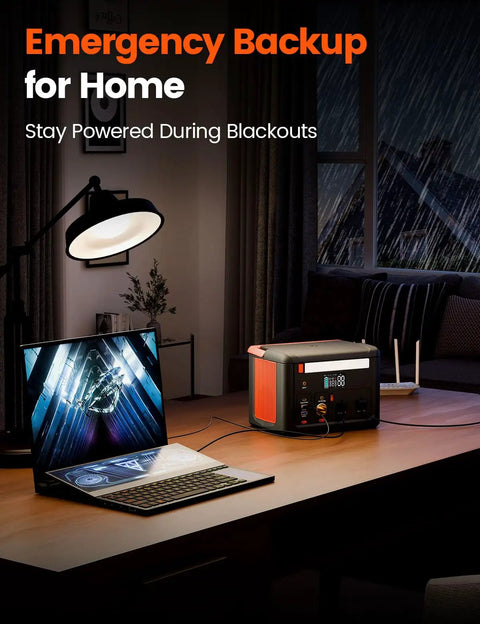 Lightweight Portable Power Station delivers 600W continuous power with 1200W surge, connected to laptop during home blackout.