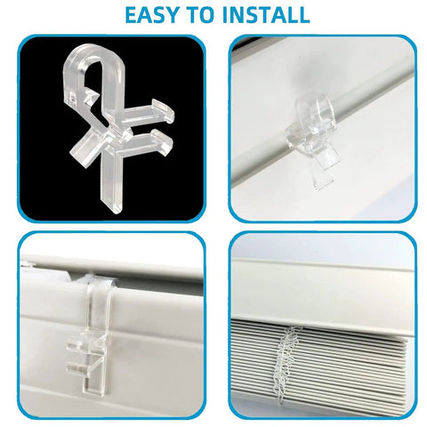 25 Pack Clear Plastic Hidden Valance Clips For Horizontal Blinds No Sweat Install Rock Solid Grip showing installation steps.