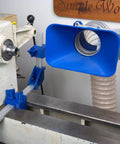 Heavy Duty Custom Fit Dust Collection System For Split Bed Wood Lathe with blue collection hood mounted for easy dust capture.