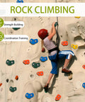 Child climbing wall using 25 Pack Rock Climbing Holds Kit With Multi Color Grips And Mounting Hardware Includes 10.7 Feet Rope