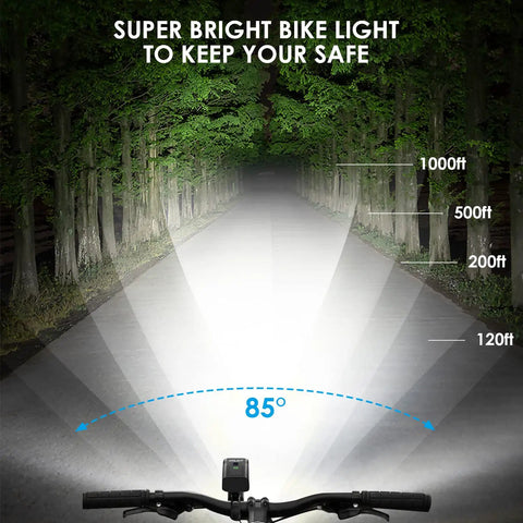 Ridiculously Bright 10000 Lumen Bike Light With 8 LEDs illuminating road at night with distance markers