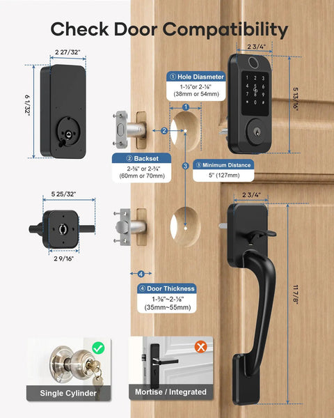 Illustration showing door compatibility measurements for Hassle Free Wifi Smart Front Door Lock Kit With Keyless Entry Deadbolt Handle Smart App Control Remote Unlock Real Time Activity Logs And Super Smooth Security Upgrade.
