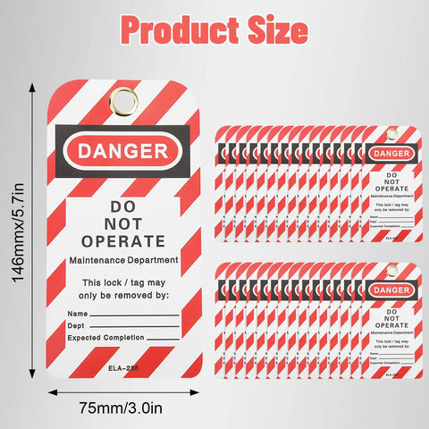 Heavy Duty Lockout Tagout Tags Reusable Do Not Operate Labels For Industrial Jobsite Maintenance Featuring Tough Metal And Pvc Build with size dimensions.