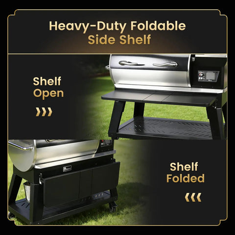 Folding Front Shelf For Recteq Deck Boss 800 Pellet Grill, Extra Prep Space And Storage, Quick Fold Table, Shelf Open and Folded