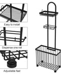 Freestanding Toilet Paper Holder With Storage Shelf No Drill Easy Roll Dispenser For Toilet Paper And Magazines Phone Tablet Organizer Black Bathroom Rack For Small And Large Bathrooms with adjustable feet and basket.
