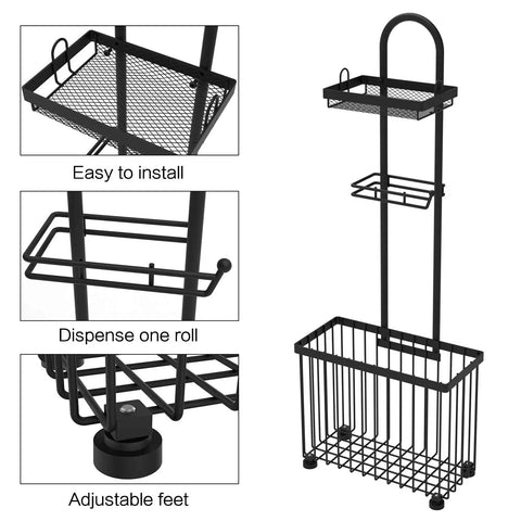 Freestanding Toilet Paper Holder With Storage Shelf No Drill Easy Roll Dispenser For Toilet Paper And Magazines Phone Tablet Organizer Black Bathroom Rack For Small And Large Bathrooms with adjustable feet and basket.