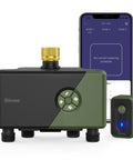 4 Zone WiFi Hose Timer With Brass Inlet For Garden Irrigation, Sprinkler System With Alexa And Google Assistant shown with app control.