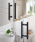 Matte Black Door Pull Handle Set For Glass And Wood Doors, 18 Inch, Double-Sided H-Type Grip With Smooth Round Tubes, Easy Push Or Pull, Perfect For Sliding Barn Doors, Shower Doors, Pantry Doors, Closets And Office Doors. On white door and glass shower