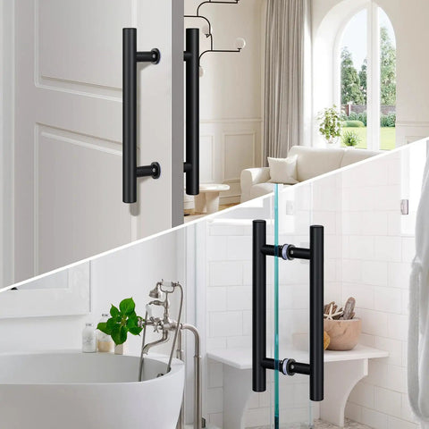 Matte Black Door Pull Handle Set For Glass And Wood Doors, 18 Inch, Double-Sided H-Type Grip With Smooth Round Tubes, Easy Push Or Pull, Perfect For Sliding Barn Doors, Shower Doors, Pantry Doors, Closets And Office Doors. On white door and glass shower
