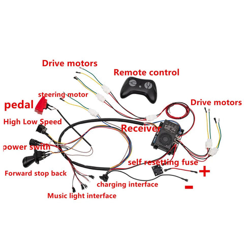 24V Ride On Toy Wiring Harness Conversion Kit With 2.4G Wireless Switch Box, cables, and remote control displayed flat