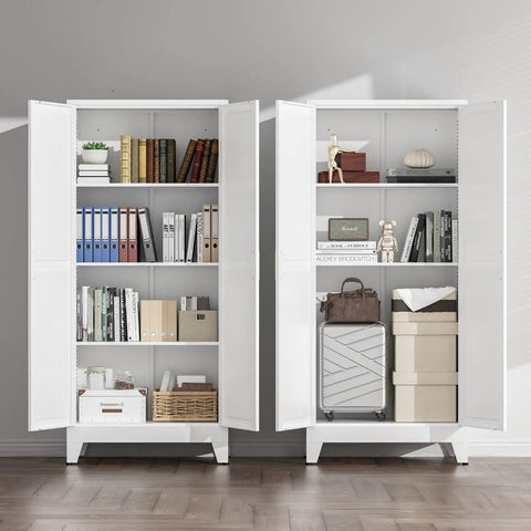 Huge 61 Inch Farmhouse Pantry Cabinet With Two Barn Doors, White Finish, Four Storage Tiers And Three Adjustable Shelves