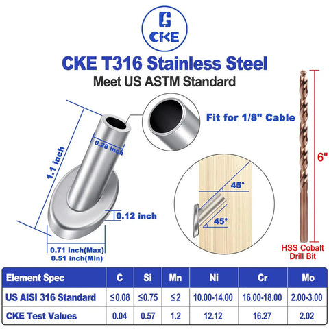 Illustration of 40 Pack 45 Degree T316 Marine Grade Stainless Steel Wood Post Protector Sleeves, cable fit and drill bit details