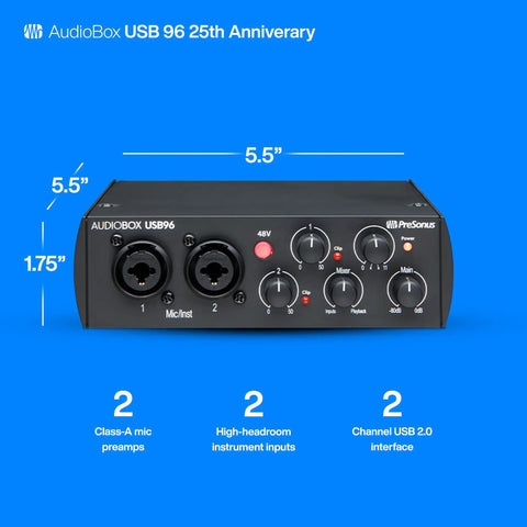 Front view of AudioBox 96 25th Anniversary USB Audio Interface showing controls, mic preamps, and dimensions.