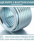 Close-up of a galvanized steel reducer bushing with 3/4 to 1/2 inch threads, featuring deep grooves for electrical conduit connections.