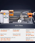 Precision Benchtop Metal Lathe 7 X 14 Inch With 0-2200 RPM Variable Speed And 500W Brush Motor front view with specs overlay