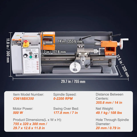 Precision Benchtop Metal Lathe 7 X 14 Inch With 0-2200 RPM Variable Speed And 500W Brush Motor front view with specs overlay
