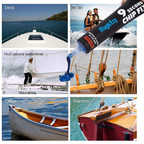 9 Second Chip Fix Oyster White Fiberglass Repair Filler For Boats And Gelcoat One Part Marine Epoxy Putty in use on various boat parts.