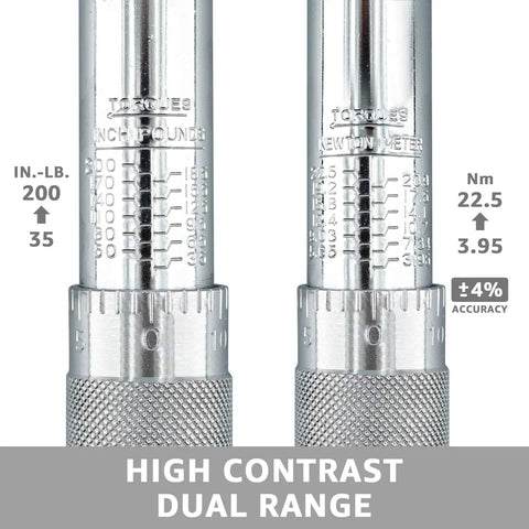 Beast Mode 1/4 Inch Drive Click Torque Wrench 35 200 In Lb Range showing dual range calibration markings in inch pounds and newton meter.