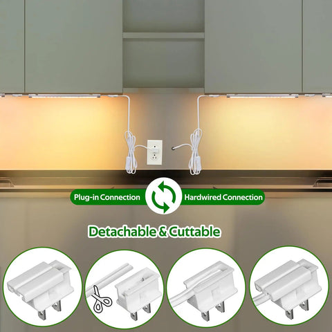 Under Cabinet Lighting Kit Dimmable 12 Inch LED Closet Lights with plug-in and hardwired options installed under cabinets