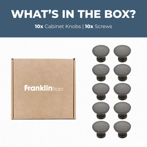 Fulton Soft Iron Round Cabinet Knobs One And Three Sixteenth Inch Easy Install Durable Hardware For Drawers Dresser Kitchen Cabinet Doors And Furniture Ten Pack Franklin Brass, shown next to a box labeled Franklin Brass.