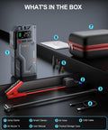 Box contents of Go To Roadside Lifesaver Jump Starter With Air Compressor 5 In 1 Power Pack, including cables, air hose, clamps and case.